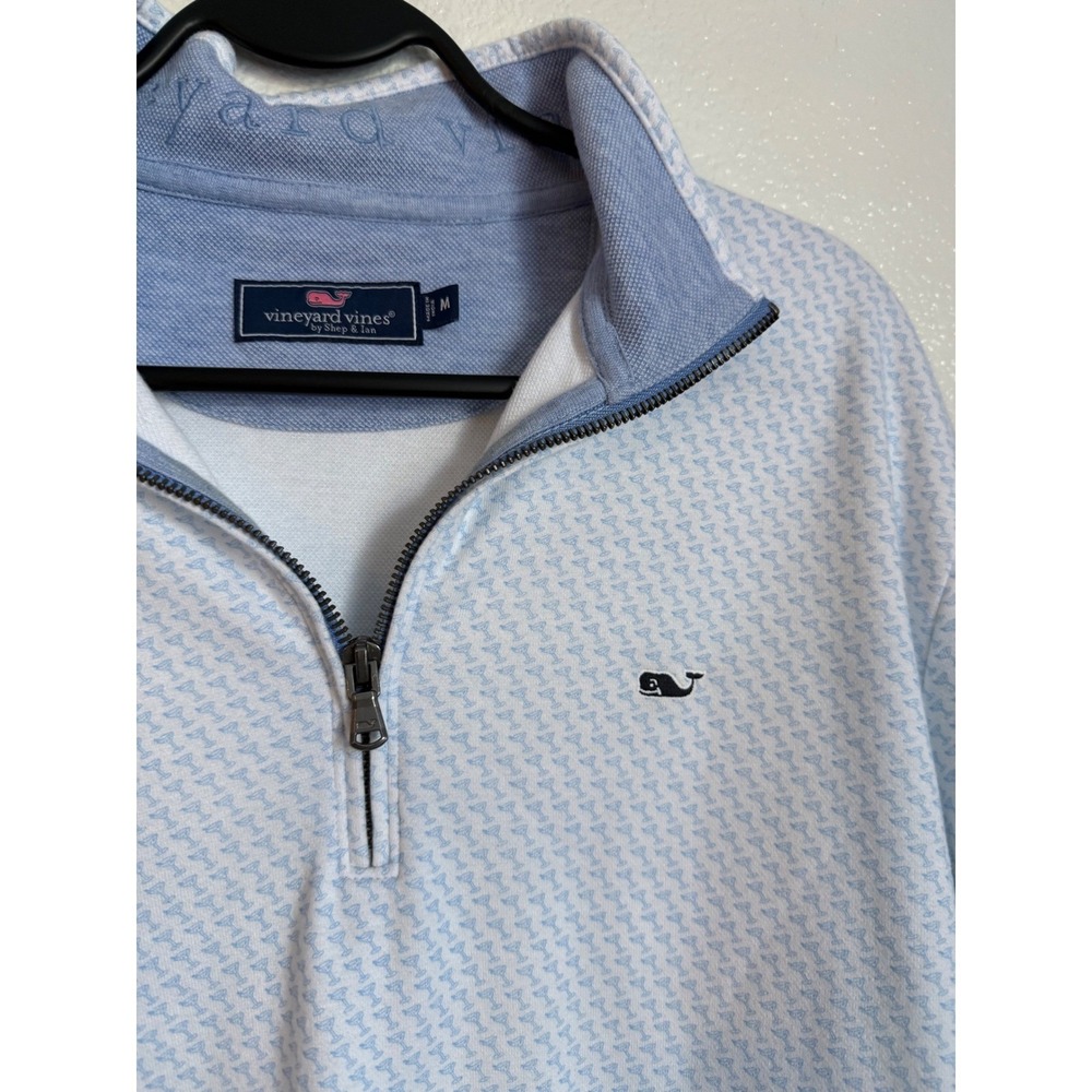 Vineyard Vines Mens Martini Glass Print Quarter Zip Pullover Blue White Medium - Picture 3 of 10